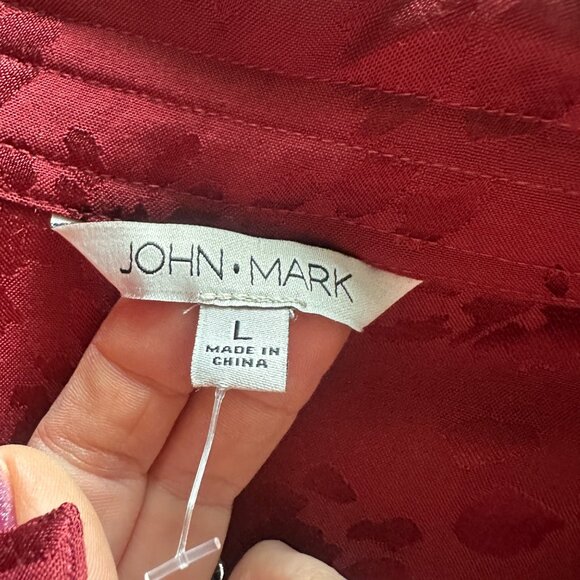 John Mark Leopard Jacquard Long Sleeve Tunic Womens Size L Boho Satin Shirt Red - Picture 6 of 9